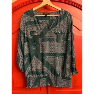 AB Studio Sz XL Gorgeous Gathered Bottom Navy Green Silver Sheer Blouse Top EUC